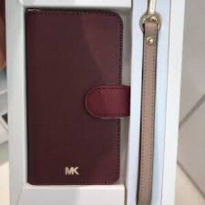Michael Kors Saffiano Leather Folio iPhone Case Oxblood Wristlet 7 or 8 Plus